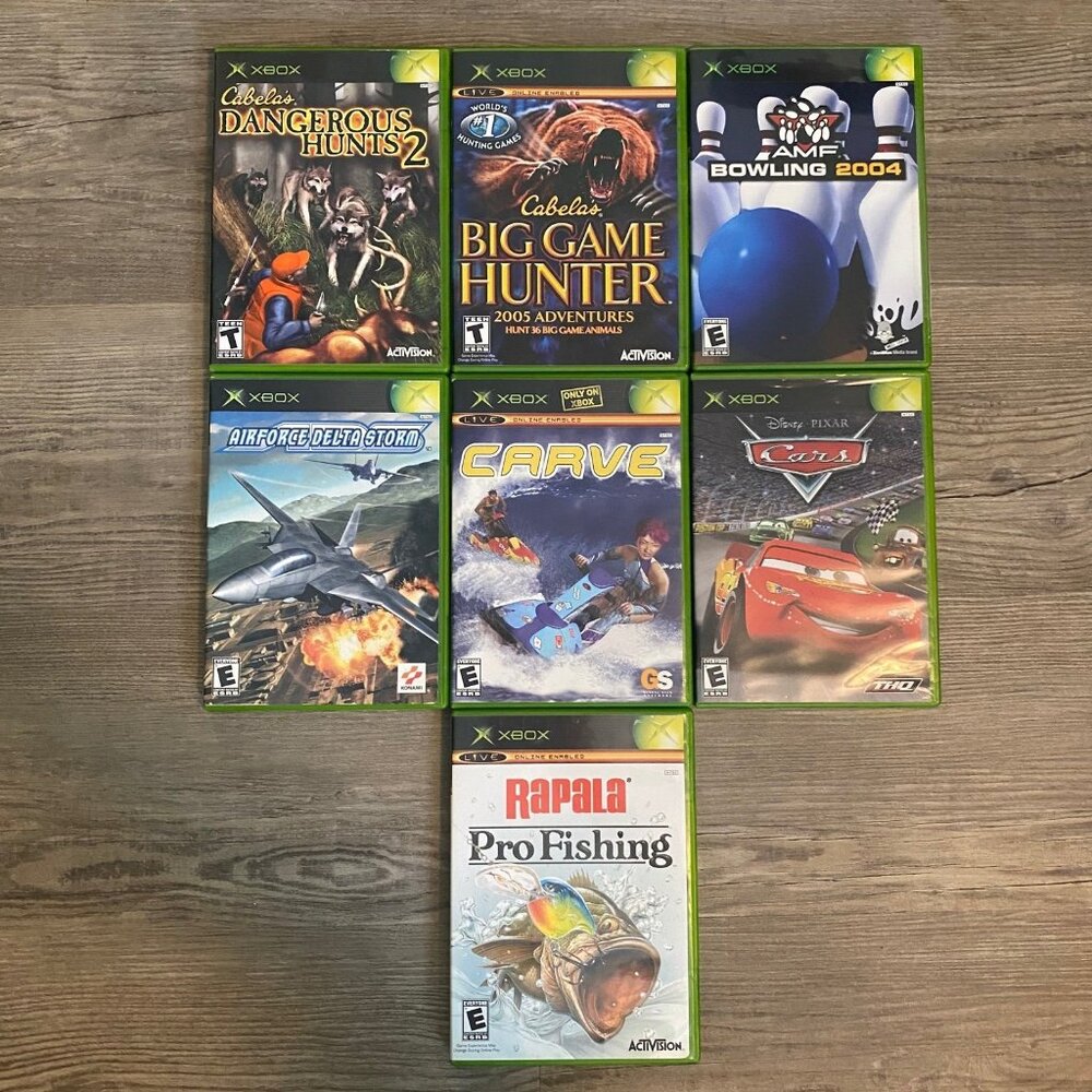 Lot of 7 Xbox Video Games - Hunting, Bowling, Fishing, Racing